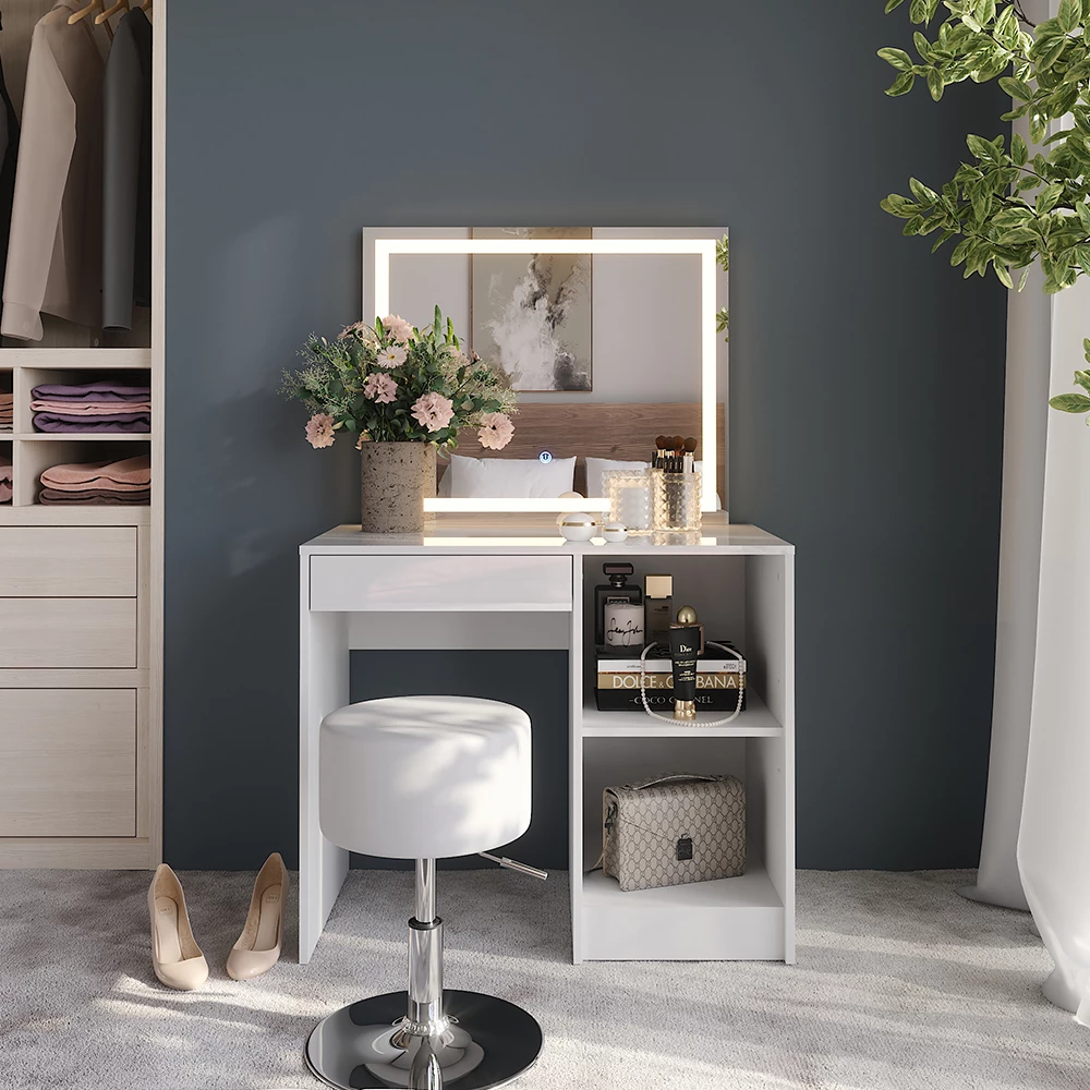 Coiffeuse en blanc/blanc brillant, présenté dans un décor ambiant avec décoration