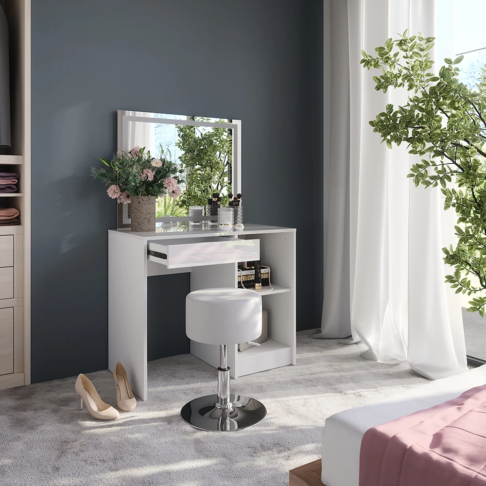 Gros plan de Coiffeuse en blanc/blanc brillant, montrant le design et les détails de surface