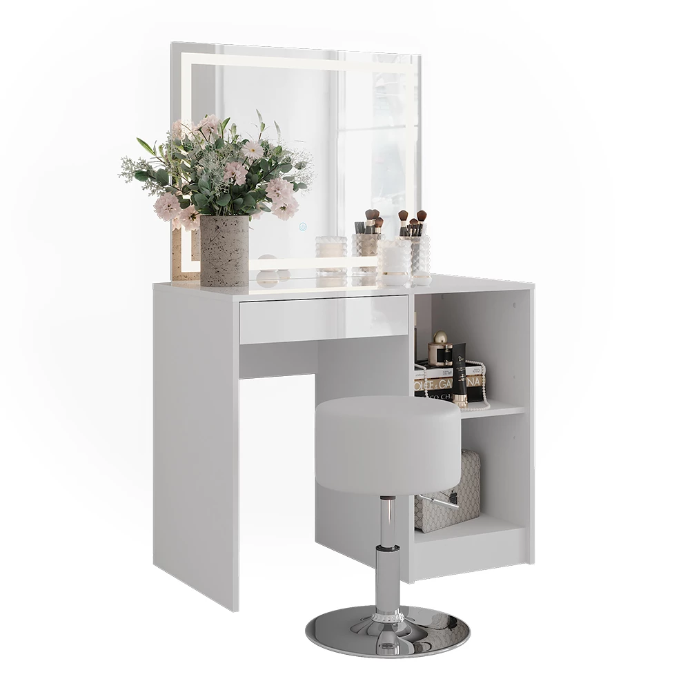 Coiffeuse en blanc/blanc brillant sur fond blanc avec des éléments décoratifs