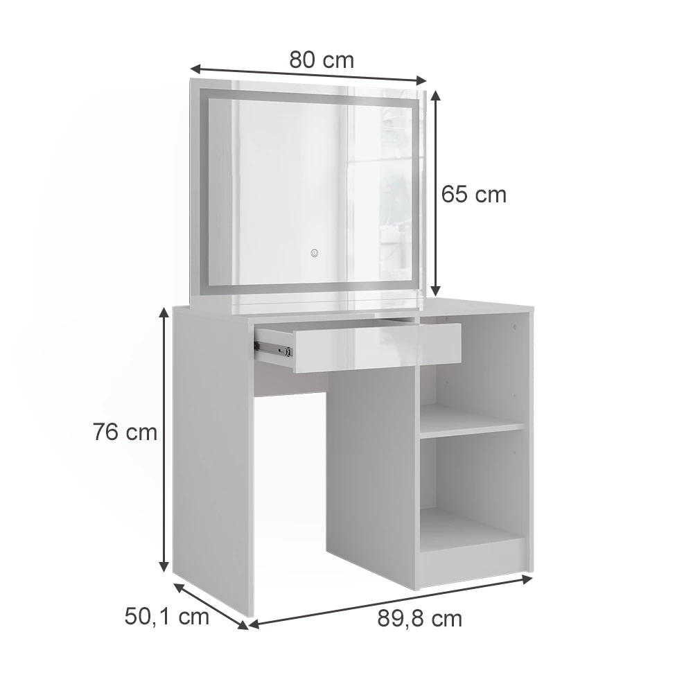 Vanity table in White/white high gloss on white background with visible dimensions