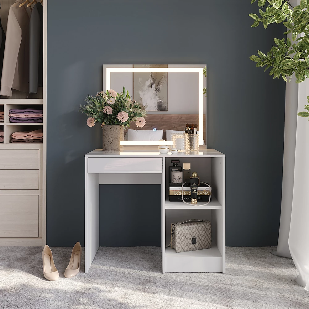 Vanity table in White/white high gloss shown in ambient setting with decoration