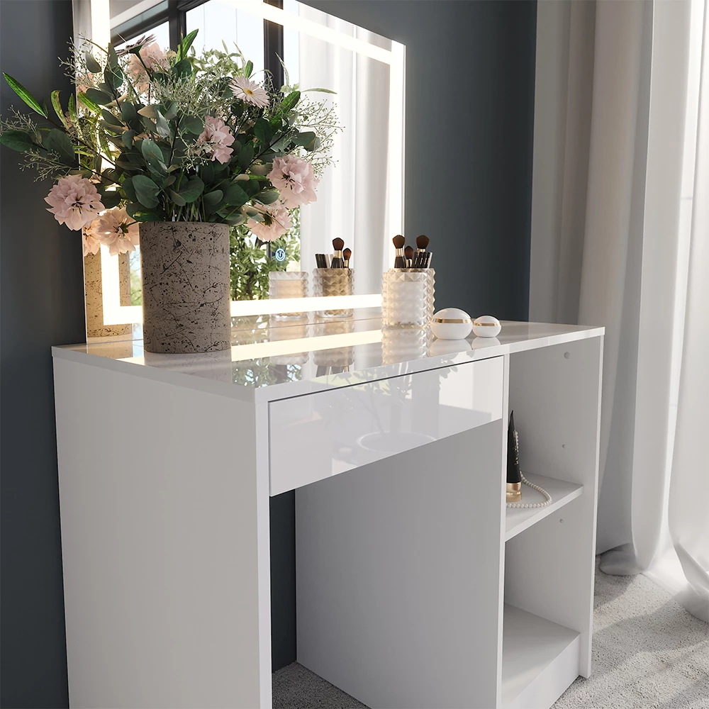 Close-up of Vanity table in White/white high gloss, showing texture/details