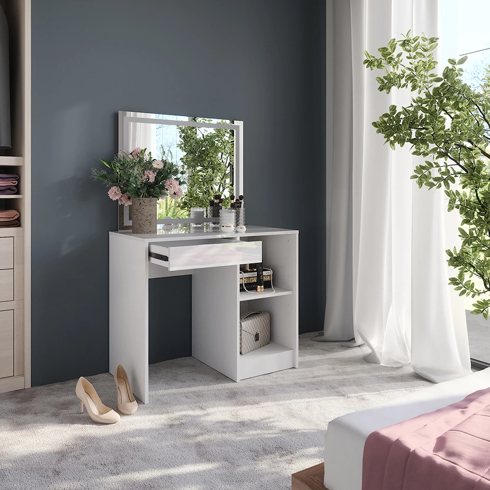 Close-up of Vanity table in White/white high gloss, showing design and surface details