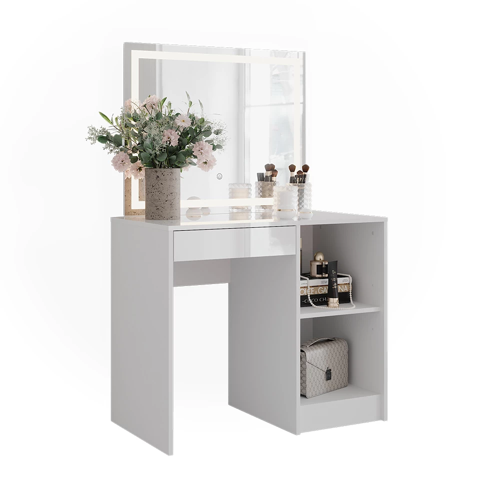 Vanity table in White/white high gloss on white background with decorative elements
