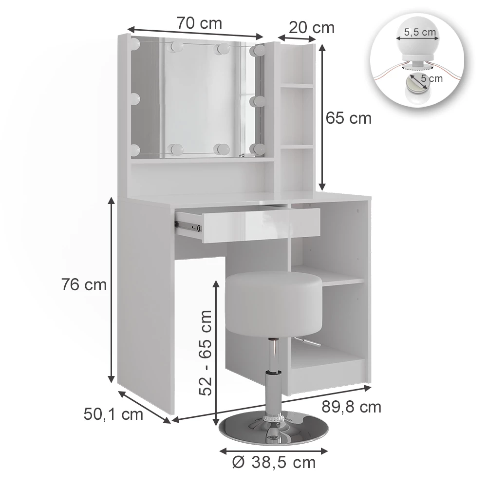 Kaptafel set met kruk in Wit/wit hoogglans op een witte achtergrond met zichtbare afmetingen
