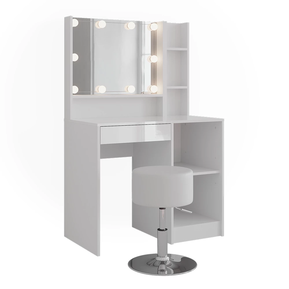 Kaptafel set met kruk in Wit/wit hoogglans op een witte achtergrond