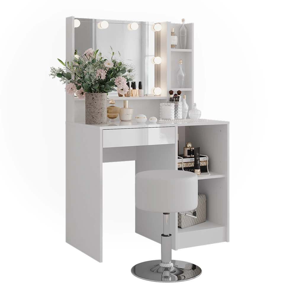 Kaptafel set met kruk in Wit/wit hoogglans op een witte achtergrond met decoratieve elementen