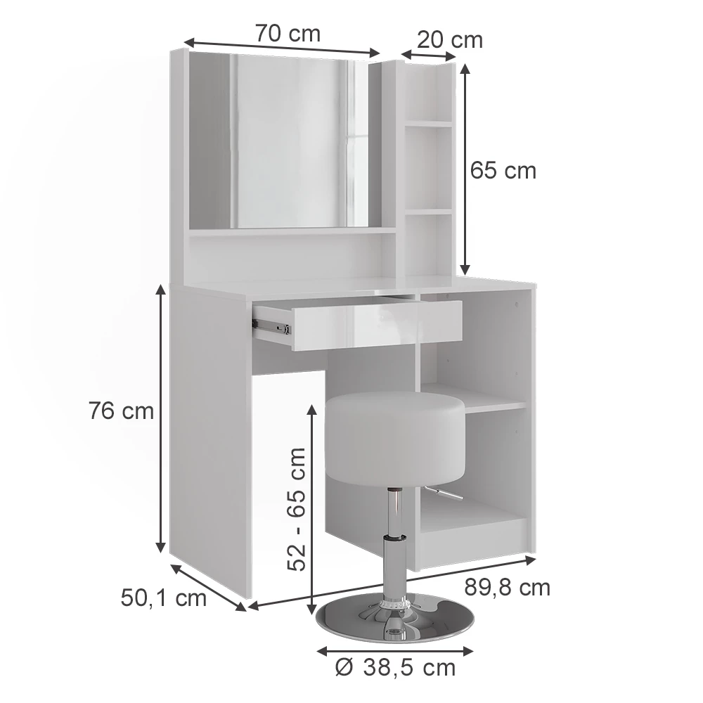 Tavolo da toeletta in Bianco/bianco lucido su sfondo bianco con dimensioni visibili