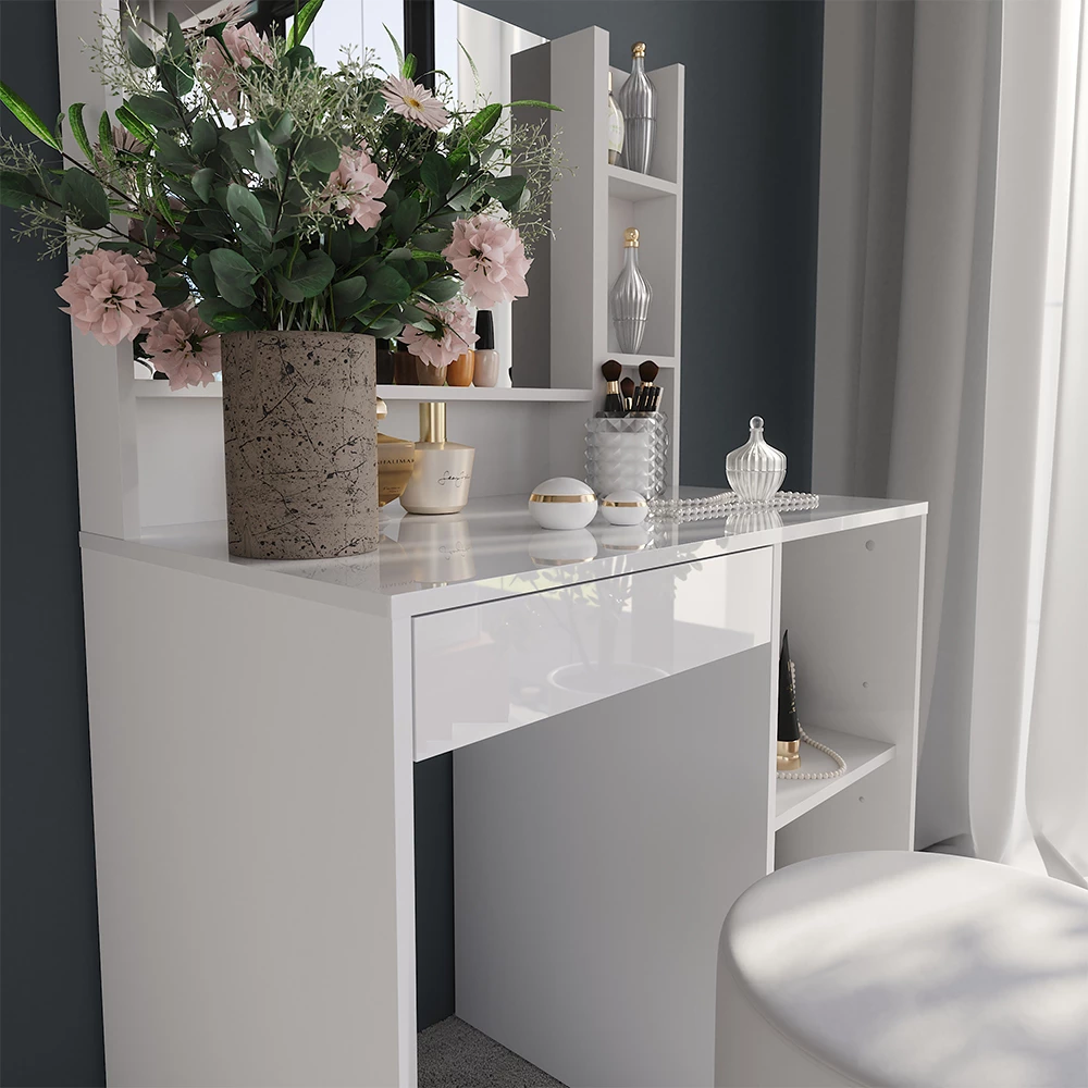 Primo piano di Tavolo da toeletta in Bianco/bianco lucido, mostrando texture/dettagli