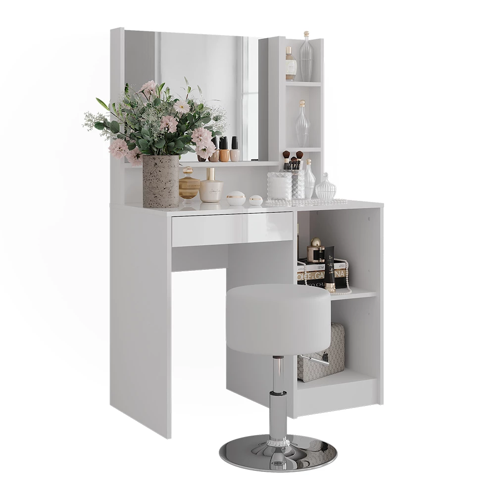 Tavolo da toeletta in Bianco/bianco lucido su sfondo bianco con elementi decorativi