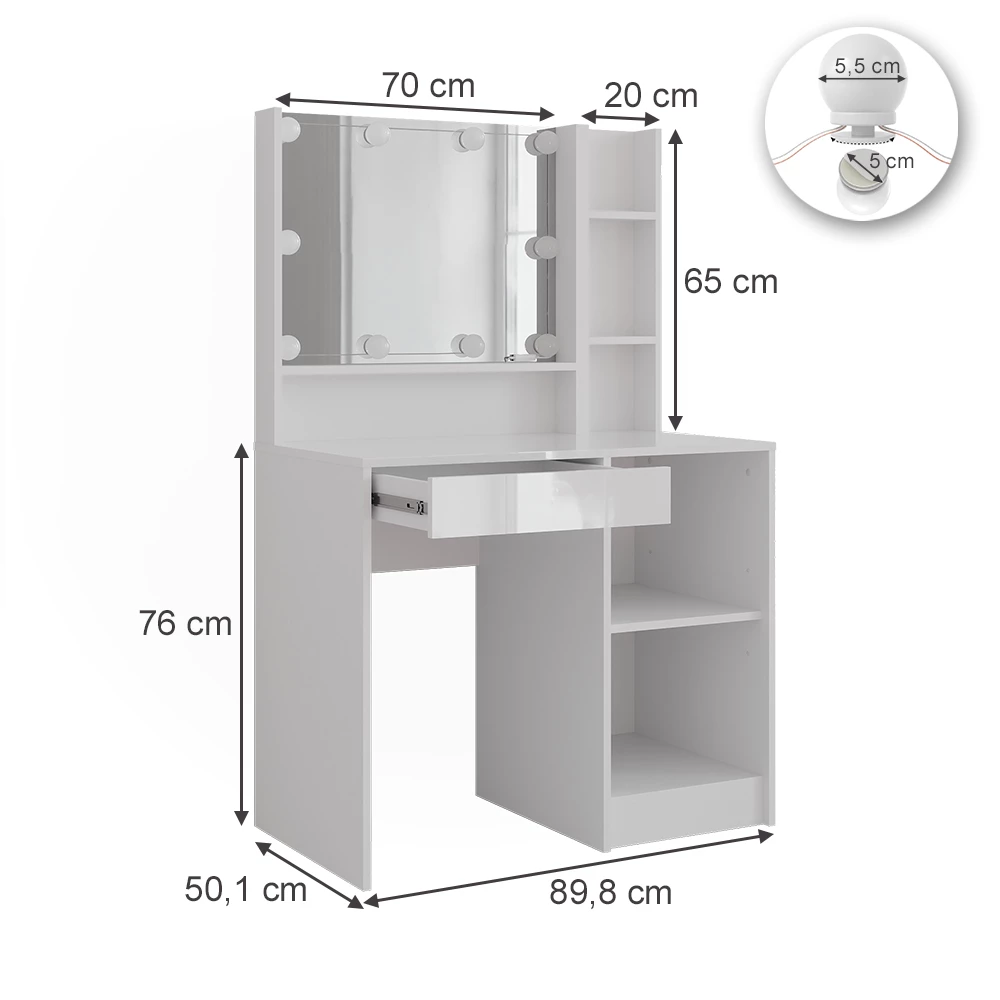 Schminktisch in Weiß/Weiß Hochglanz auf weißem Hintergrund mit sichtbaren Maßen