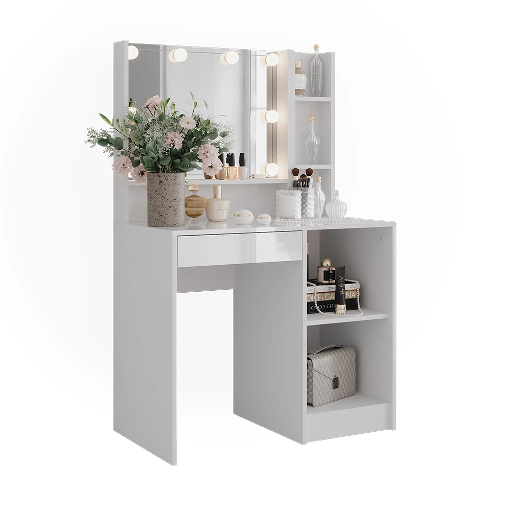 Schminktisch in Weiß/Weiß Hochglanz auf weißem Hintergrund mit dekorativen Elementen