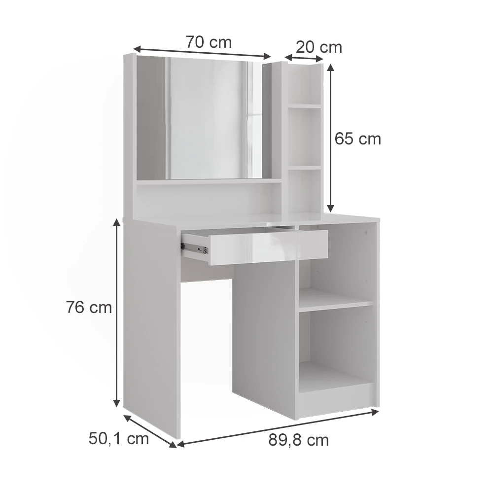 Schminktisch in Weiß/Weiß Hochglanz auf weißem Hintergrund mit sichtbaren Maßen