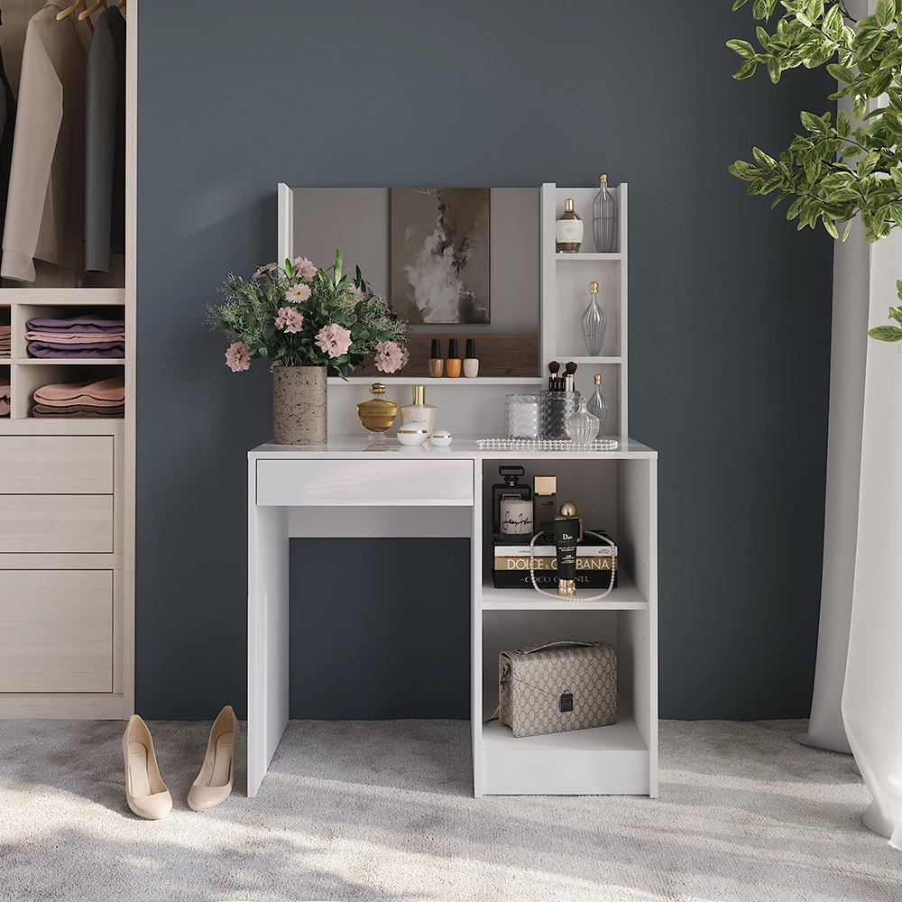 Schminktisch in Weiß/Weiß Hochglanz, dargestellt im Ambiente mit Dekoration