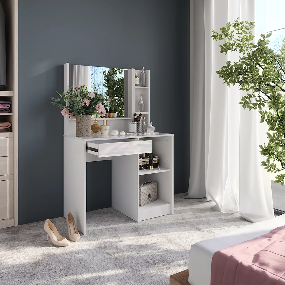 Nahaufnahme von Schminktisch in Weiß/Weiß Hochglanz, zeigt Design- und Oberflächendetails