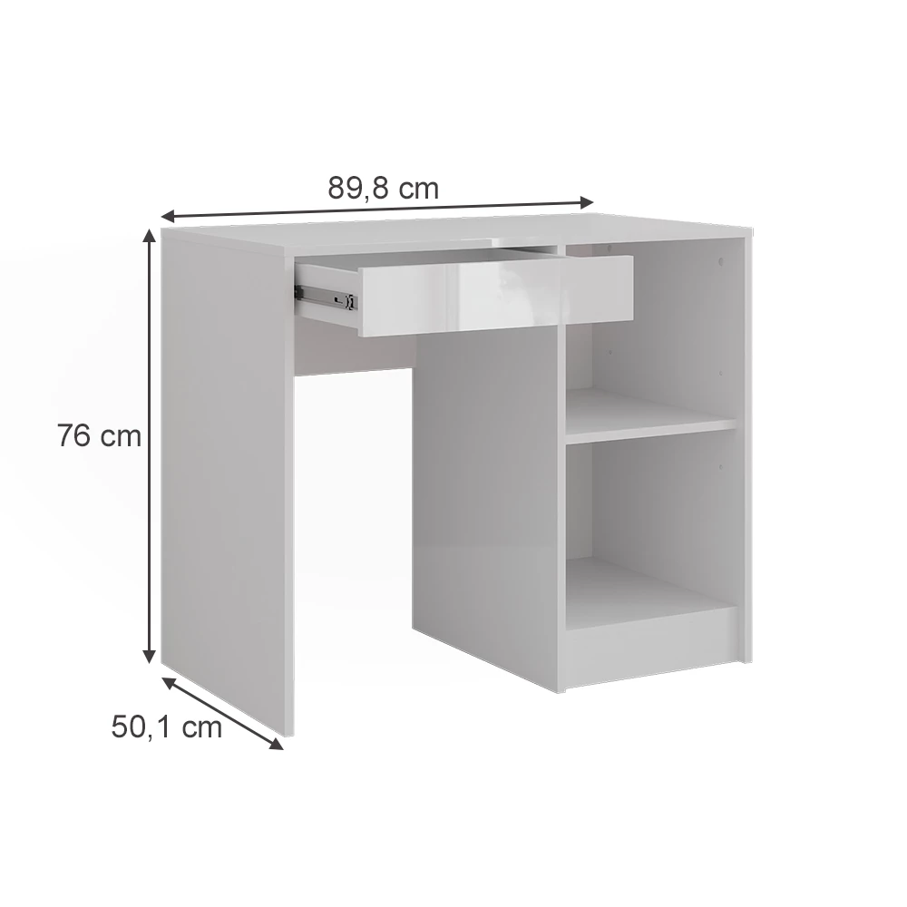 Schminktisch in Weiß/Weiß Hochglanz auf weißem Hintergrund mit sichtbaren Maßen