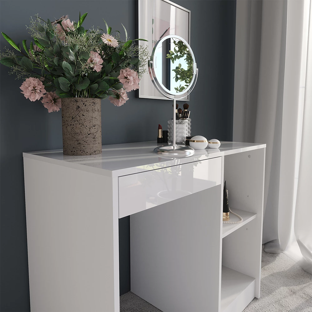 Nahaufnahme von Schminktisch in Weiß/Weiß Hochglanz, zeigt Textur/Details