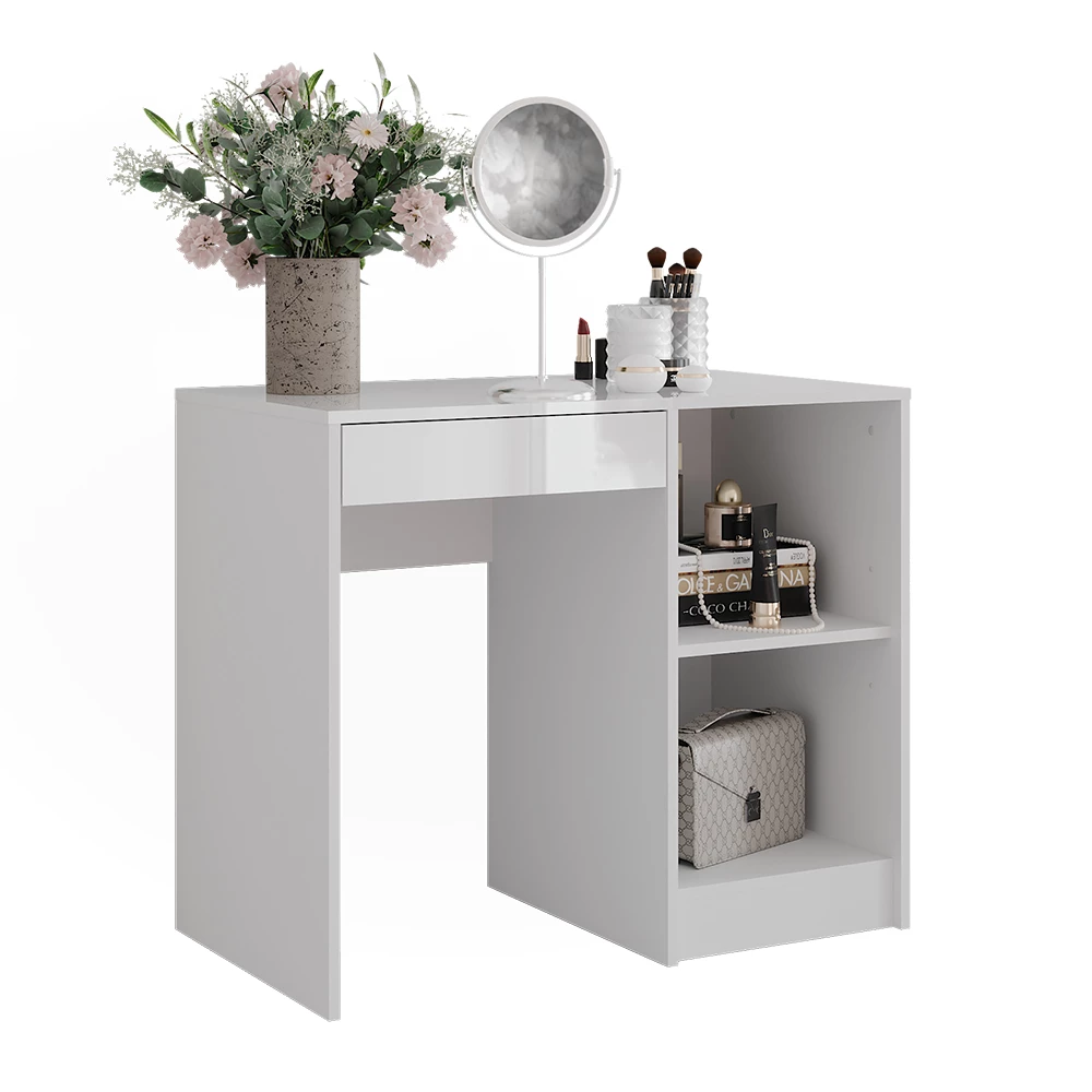 Schminktisch in Weiß/Weiß Hochglanz auf weißem Hintergrund mit dekorativen Elementen