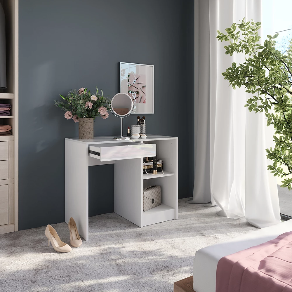 Nahaufnahme von Schminktisch in Weiß/Weiß Hochglanz, zeigt Design- und Oberflächendetails