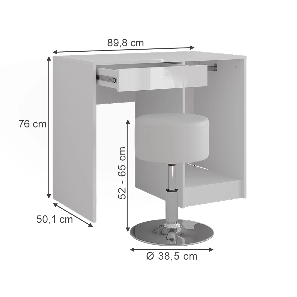 Tavolo da toeletta in Bianco/bianco lucido su sfondo bianco con dimensioni visibili