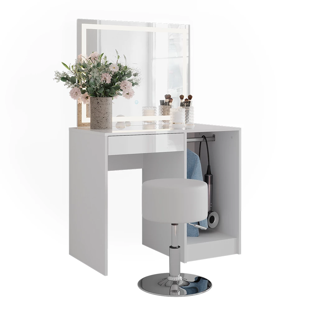 Stół do toalety w kolorze Biały/biały wysoki połysk na białym tle z elementami dekoracyjnymi