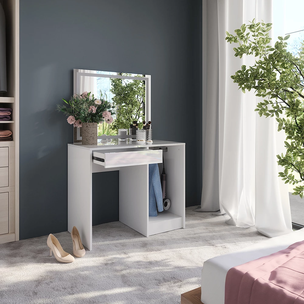 Nahaufnahme von Schminktisch in Weiß/Weiß Hochglanz, zeigt Design- und Oberflächendetails