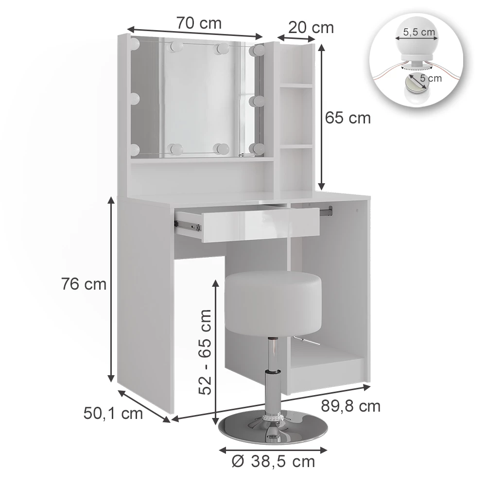 Stół do toalety w kolorze Biały/biały wysoki połysk na białym tle z widocznymi wymiarami