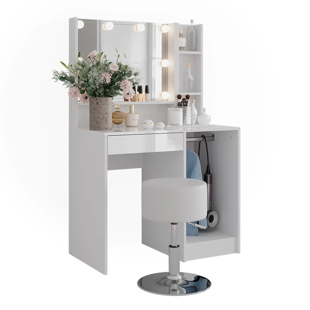 Stół do toalety w kolorze Biały/biały wysoki połysk na białym tle z elementami dekoracyjnymi