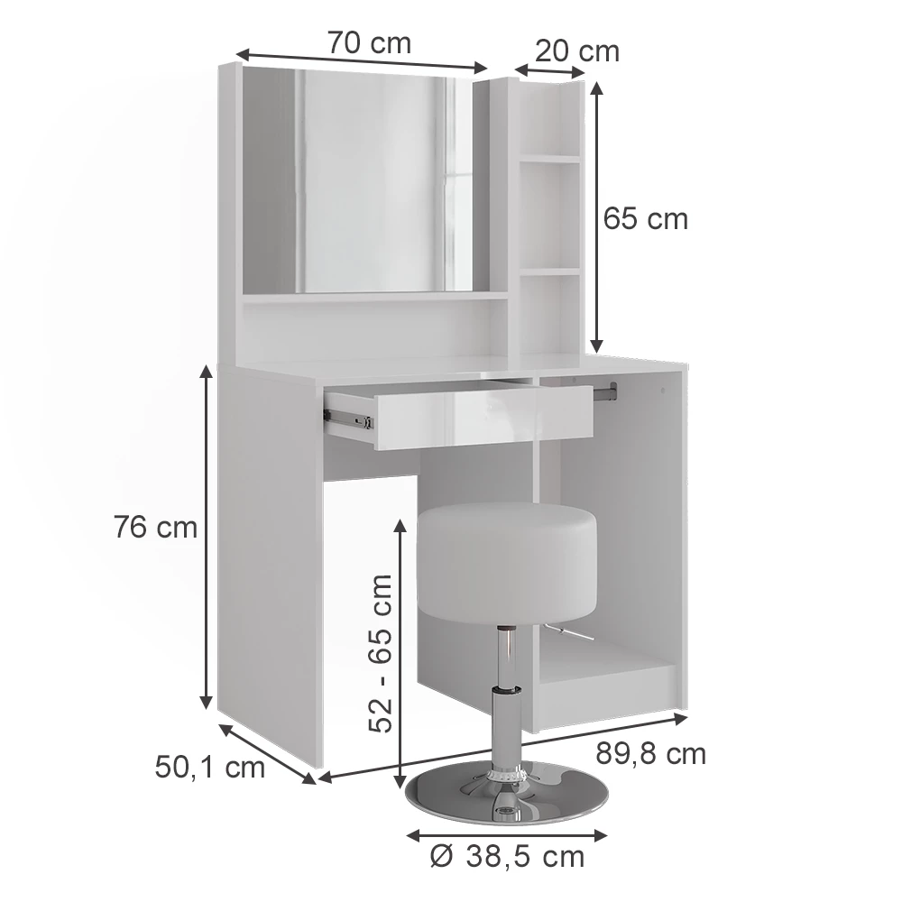 Makeupbord i farven Hvid/hvid højglans på hvid baggrund med synlige dimensioner
