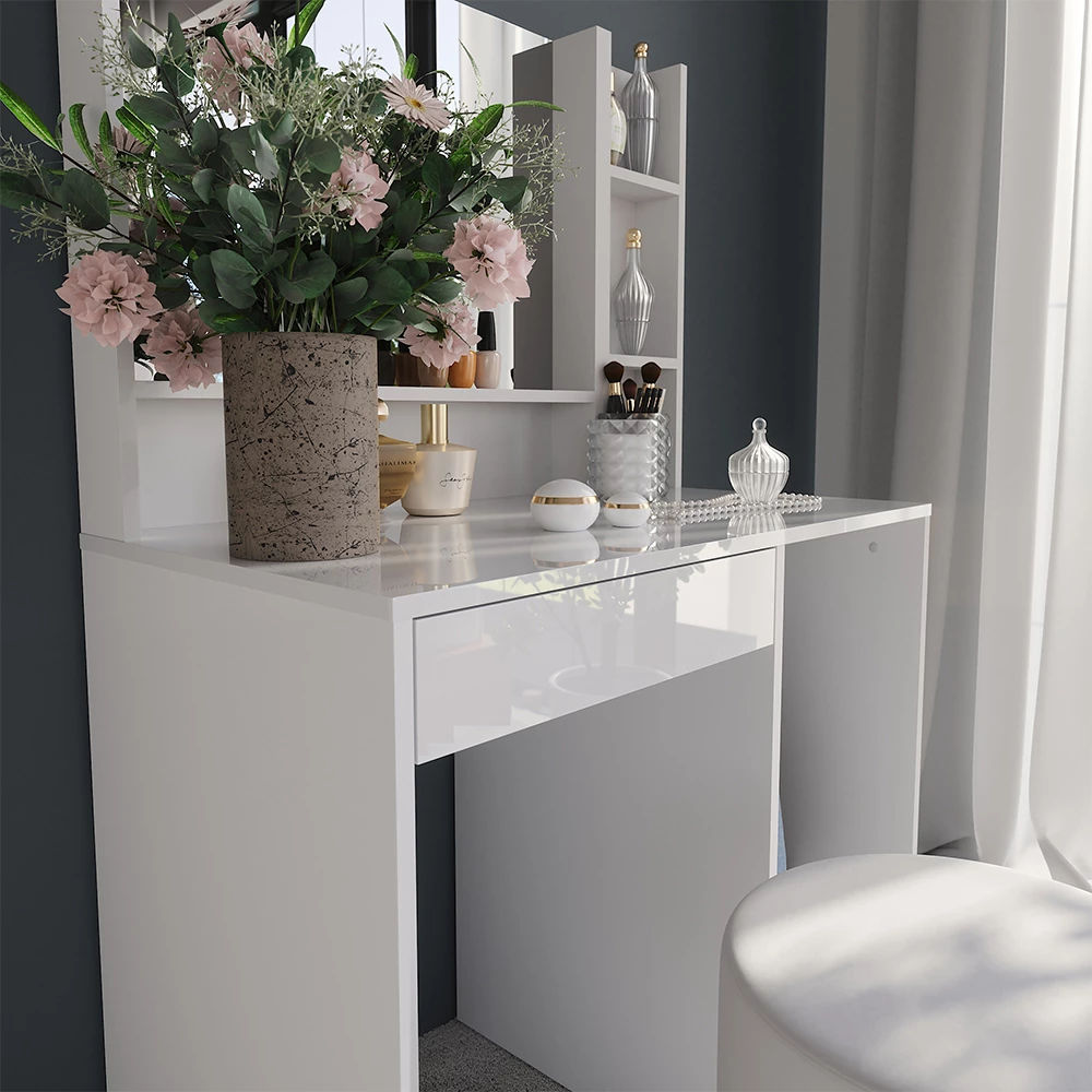 Nærbillede af Makeupbord i farven Hvid/hvid højglans, der viser struktur/detaljer