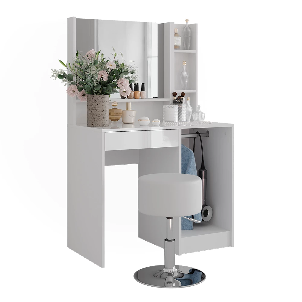 Makeupbord i farven Hvid/hvid højglans på hvid baggrund med dekorative elementer