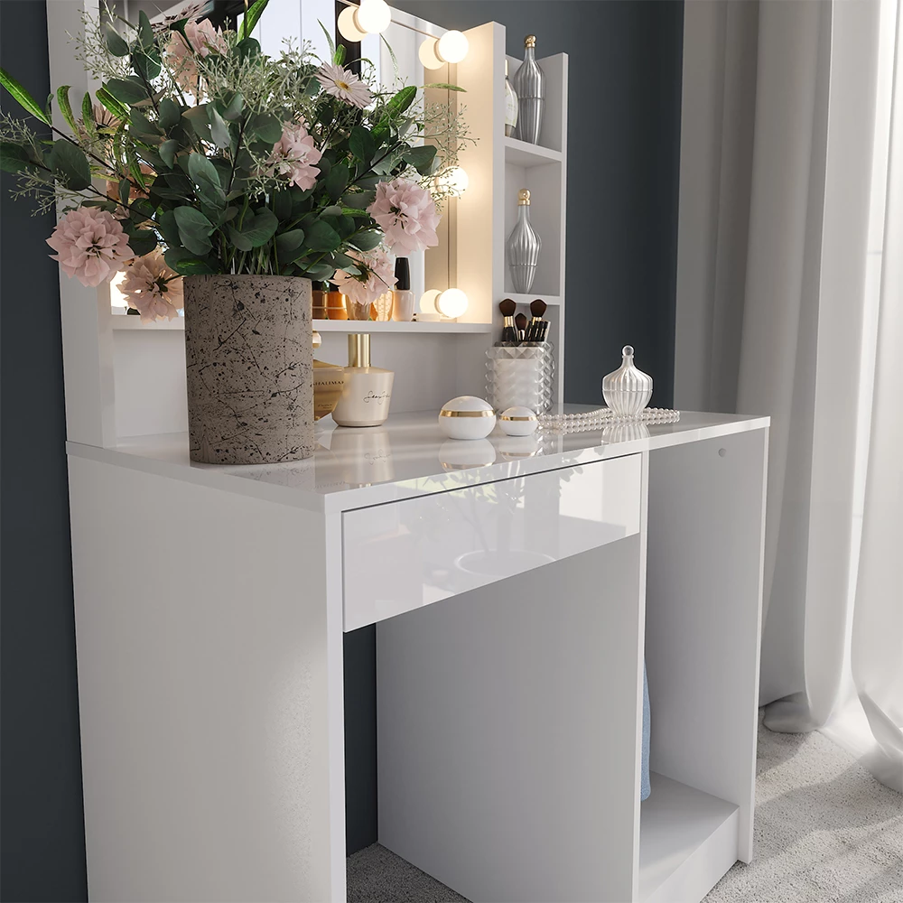 Zbliżenie Stół toaletowy w kolorze Biały/biały wysoki połysk, pokazujące teksturę/detale