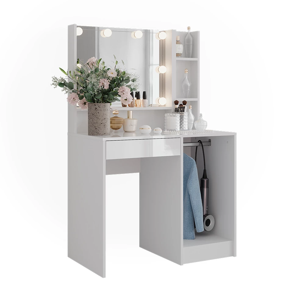 Stół toaletowy w kolorze Biały/biały wysoki połysk na białym tle z elementami dekoracyjnymi