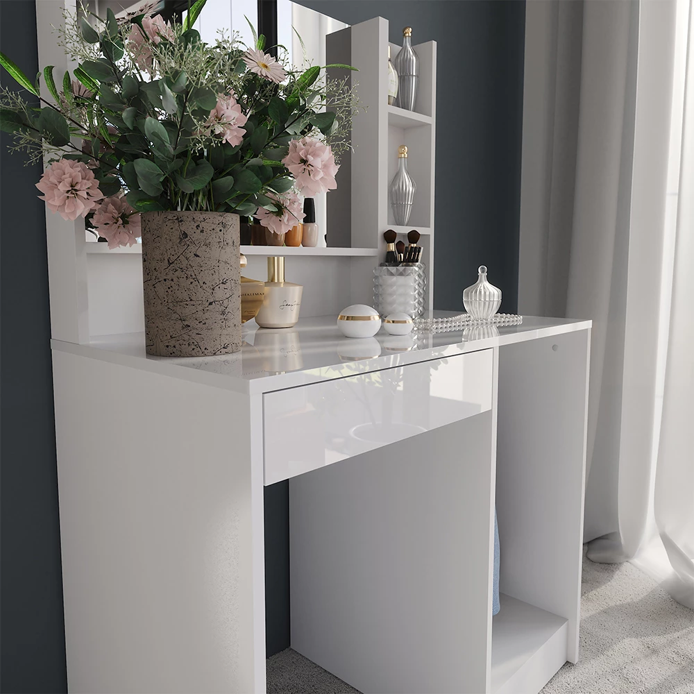 Gros plan de Coiffeuse en blanc/blanc brillant, montrant la texture/les détails