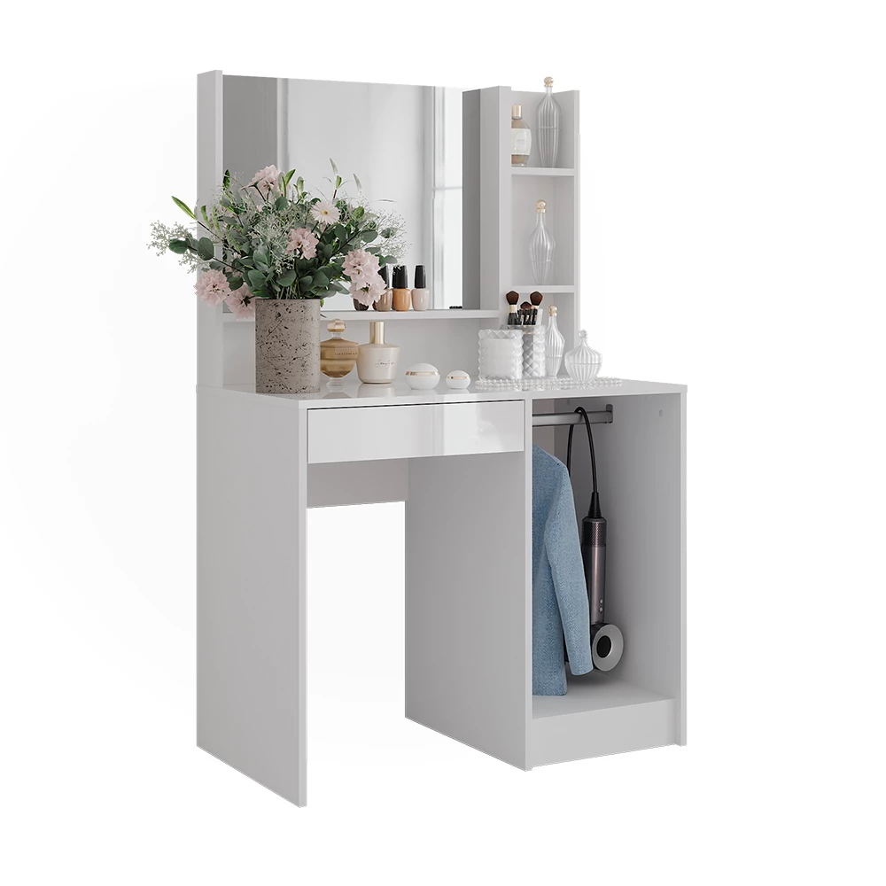 Coiffeuse en blanc/blanc brillant sur fond blanc avec des éléments décoratifs