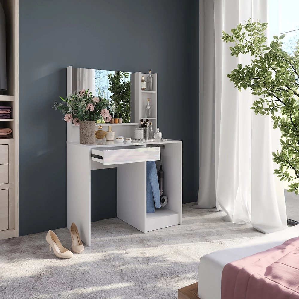 Gros plan de Coiffeuse en blanc/blanc brillant, montrant le design et les détails de surface