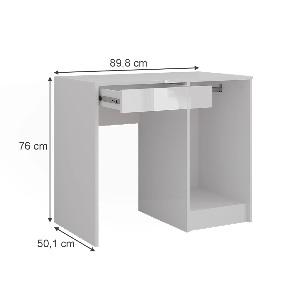 Schminktisch in Weiß/Weiß Hochglanz auf weißem Hintergrund mit sichtbaren Maßen