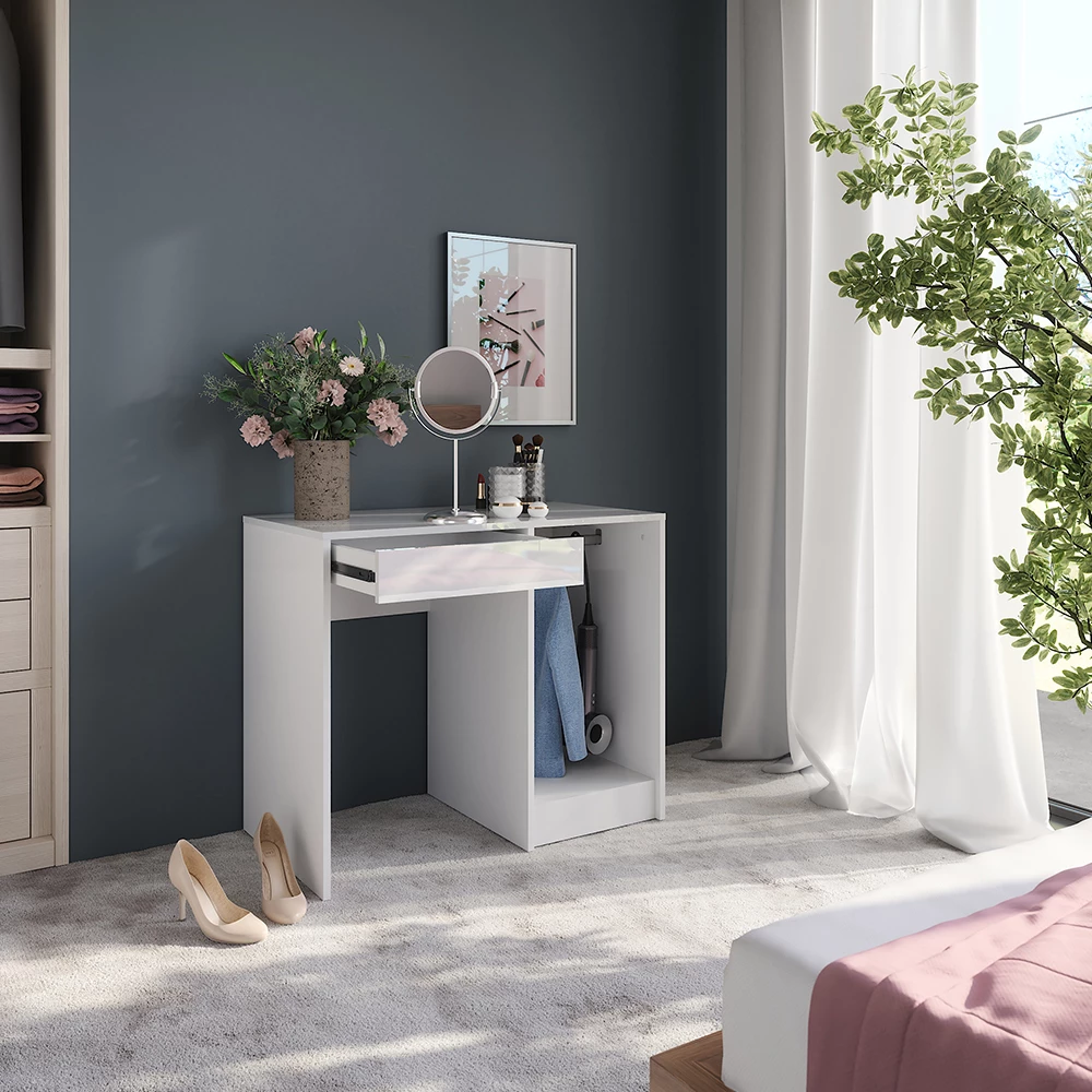 Nahaufnahme von Schminktisch in Weiß/Weiß Hochglanz, zeigt Design- und Oberflächendetails