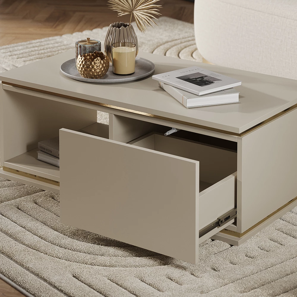 Nahaufnahme von Couchtisch in Cashmere, zeigt Textur/Details