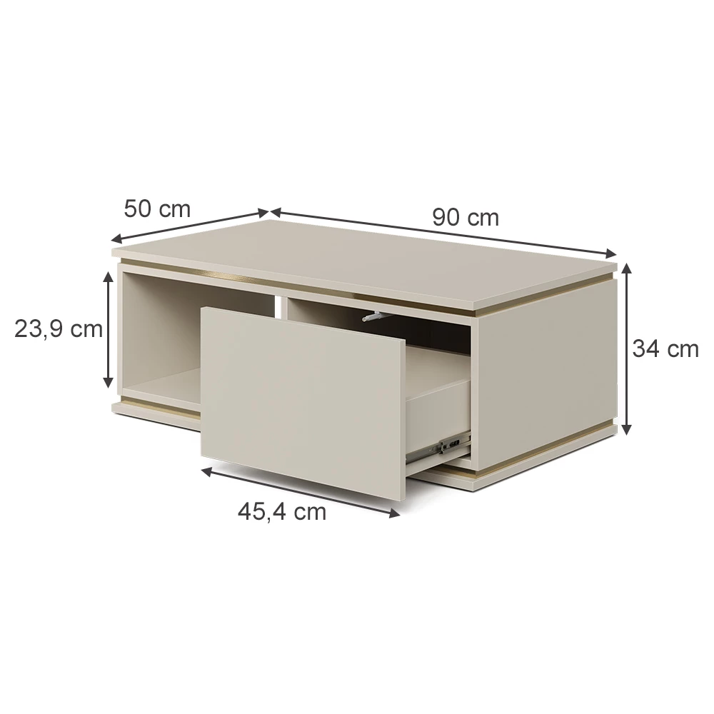 Couchtisch in Cashmere auf weißem Hintergrund mit sichtbaren Maßen