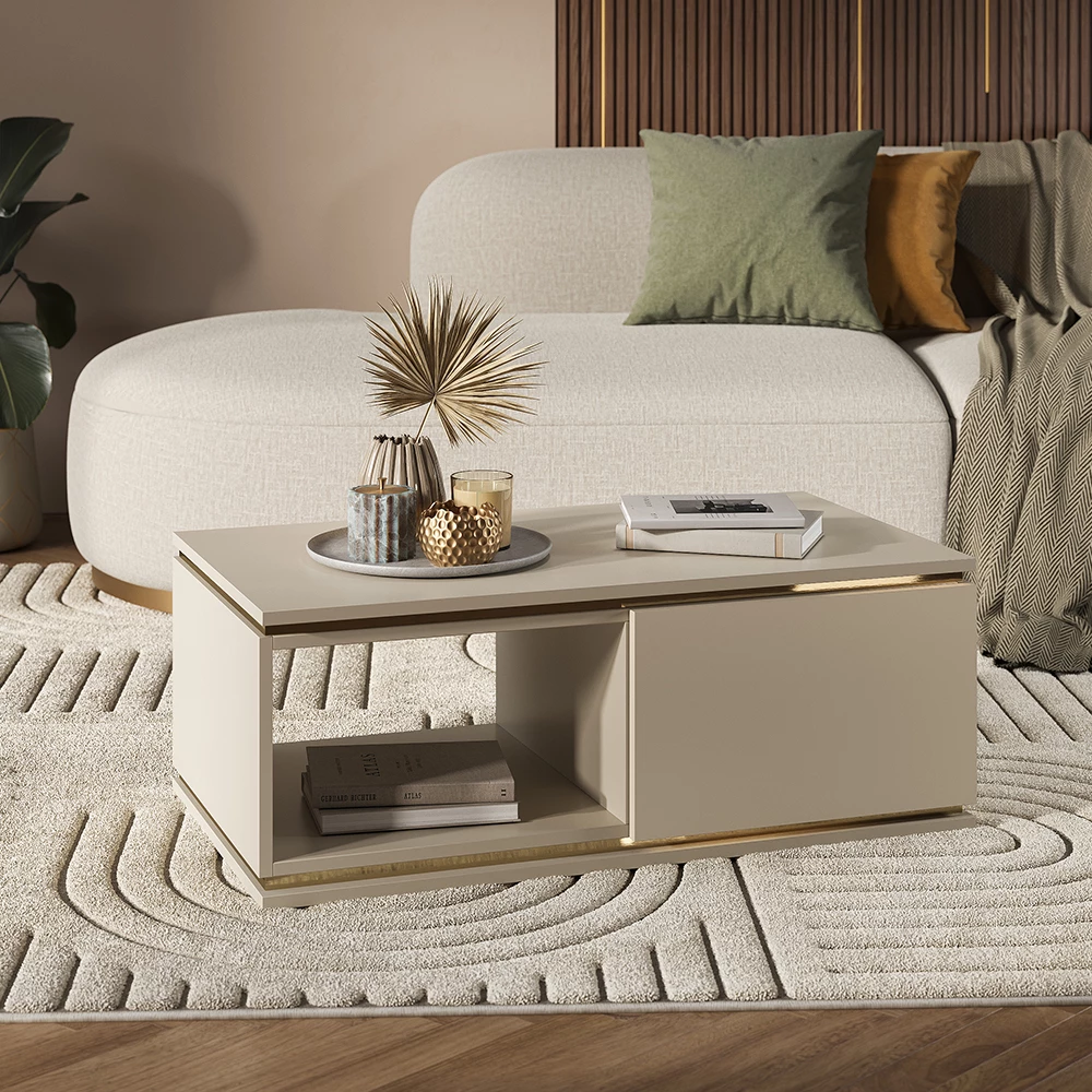 Couchtisch in Cashmere, dargestellt im Ambiente mit Dekoration