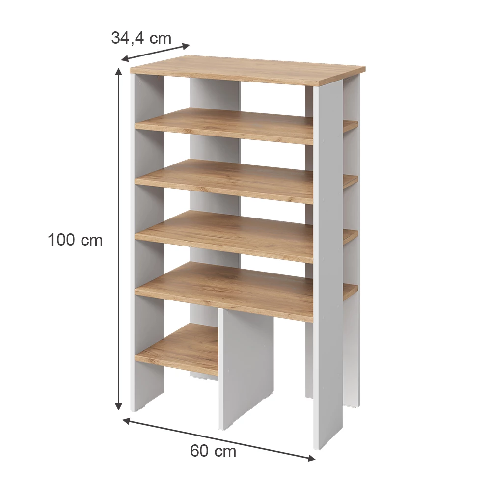 Schuhschrank in Weiß/Goldkraft Eiche auf weißem Hintergrund mit sichtbaren Maßen