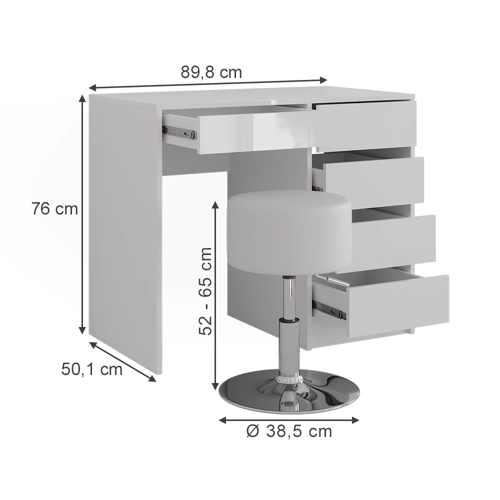 Coiffeuse en blanc/blanc brillant sur fond blanc avec dimensions visibles