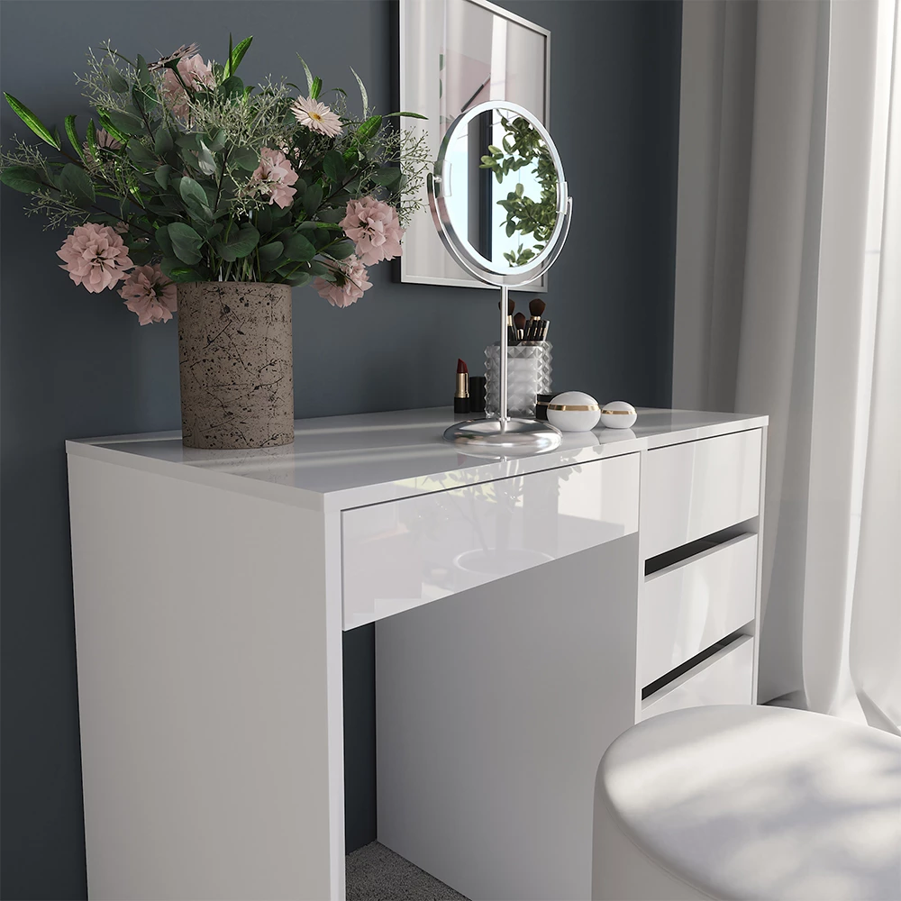 Gros plan de Coiffeuse en blanc/blanc brillant, montrant la texture/les détails