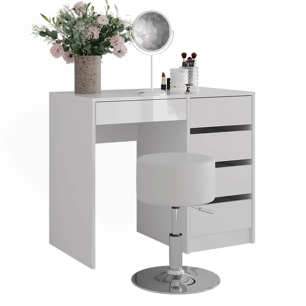 Coiffeuse en blanc/blanc brillant sur fond blanc avec des éléments décoratifs