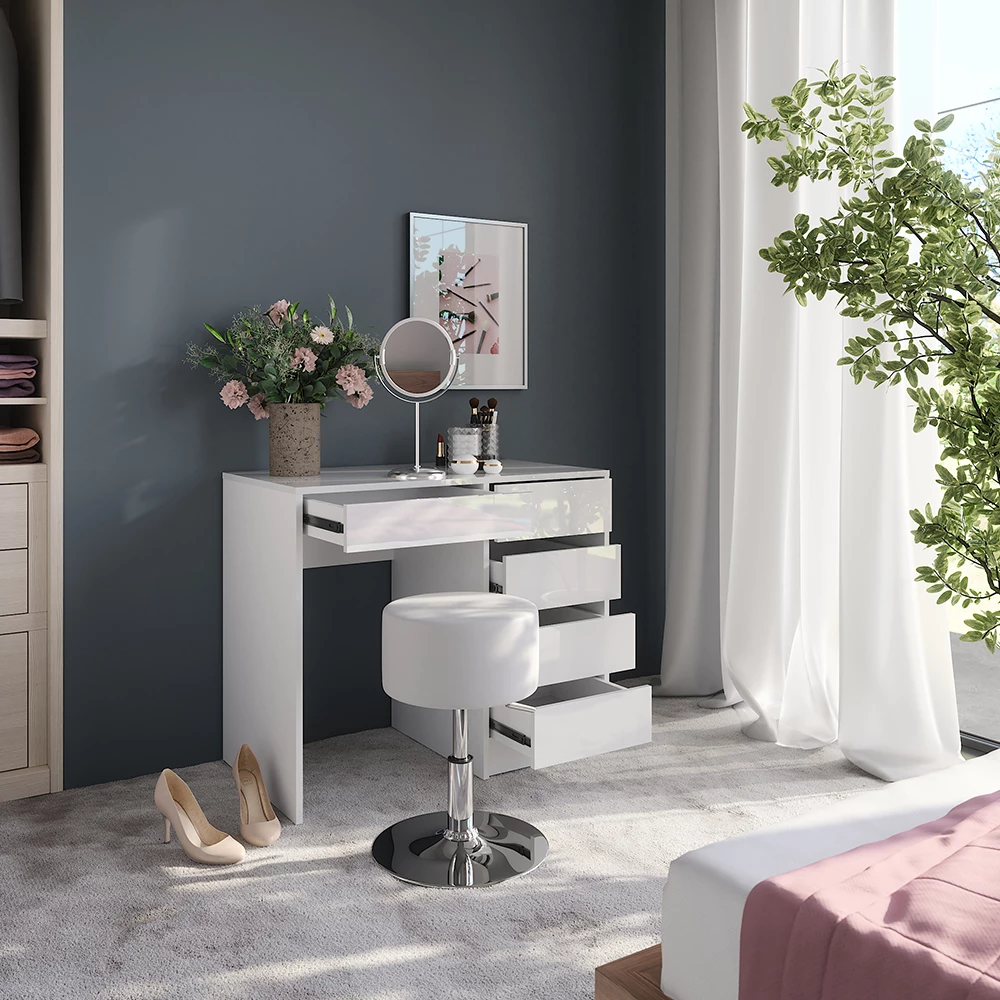 Gros plan de Coiffeuse en blanc/blanc brillant, montrant le design et les détails de surface