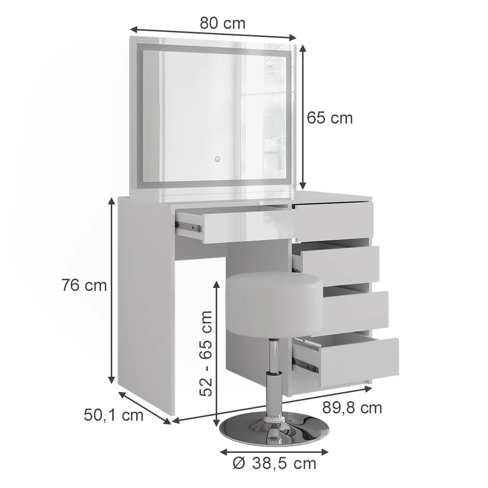Coiffeuse en blanc/blanc brillant sur fond blanc avec dimensions visibles