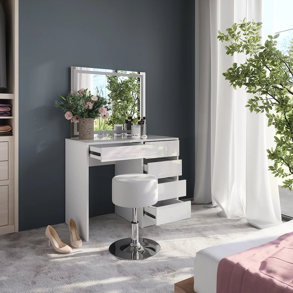 Gros plan de Coiffeuse en blanc/blanc brillant, montrant le design et les détails de surface