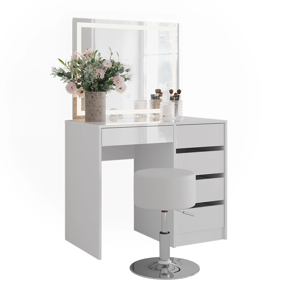 Coiffeuse en blanc/blanc brillant sur fond blanc avec des éléments décoratifs