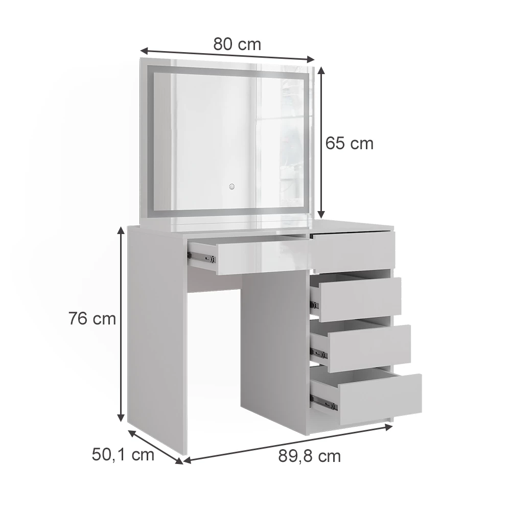 Coiffeuse en blanc/blanc brillant sur fond blanc avec dimensions visibles